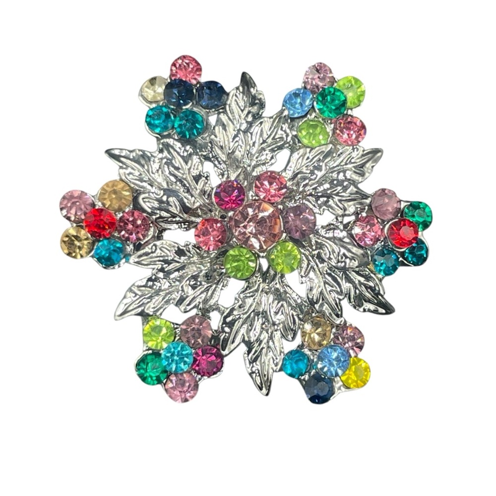 Betsey Johnson Multicolor Crystal Snowflake Floral Brooch Silver Tone